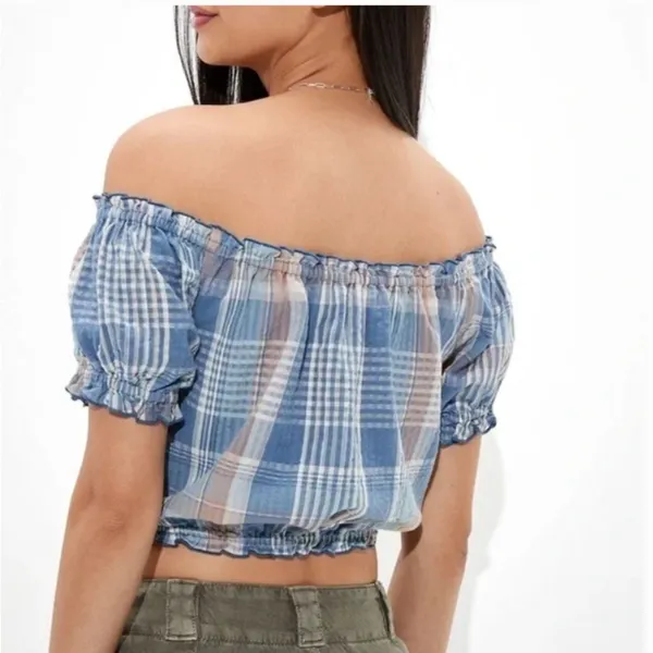 American Eagle Outfitters Puff‎ Sleeve Crop Top Blue Plaid Cotton Linen Size XS - Image 2