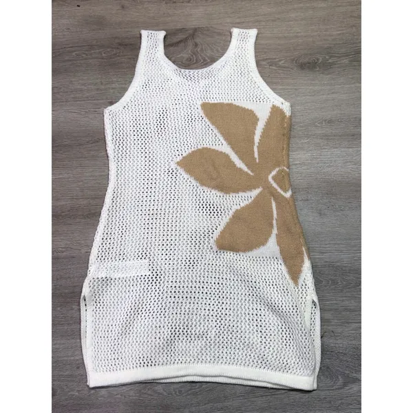 Women's Size Small Ivory Crochet Knit Mini Dress Beige Leaf Beach Cover Up - Image 3