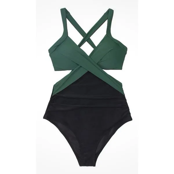 NWT Cupshe Colorblock Cutout One-Piece Black and Green Swimsuit, SIZE Small - Image 3