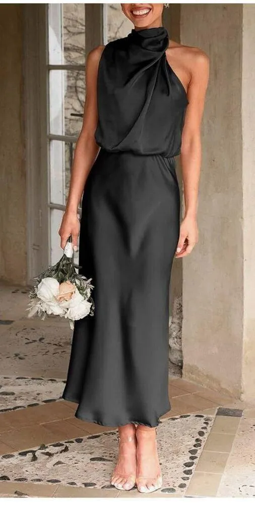 NEW Satin Elegant Sleeveless Mock Neck Cocktail Maxi Dress L - Image 5