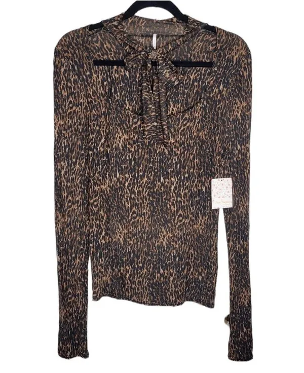 Free People Square Neck Copper Animal Print Pullover Tie Neck Long Sleeve Top Xs - Image 4