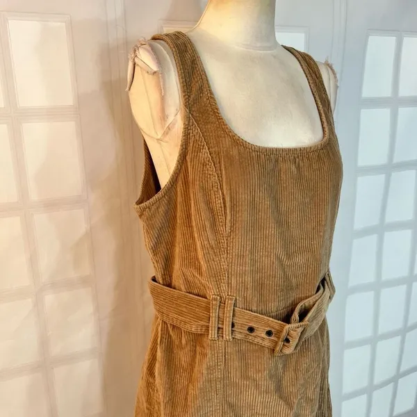 American Eagle Outfitters Tan Belted Corduroy Overall Jumper Mini Dress Large - Image 2