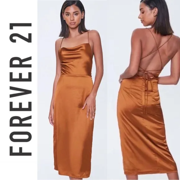 Forever21 Copper brown Satin Cowl Neck Midi slip Dress spaghetti straps S - Image 2