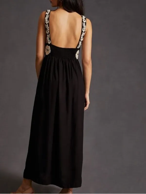 Anthropologie Floral Embroidered Maxi Dress Womens XS Black NWT Convertible Back - Image 2