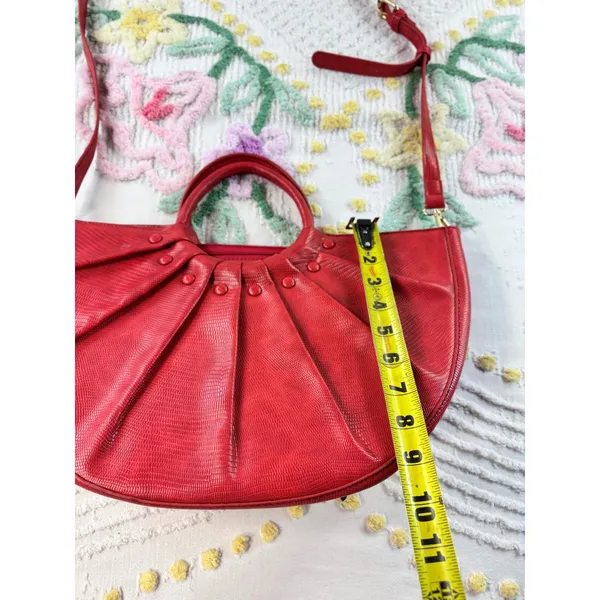 Red Faux Lizard‎ Pleated Fan Handbag Crossbody Half Moon Satchel Gold Hardware - Image 8