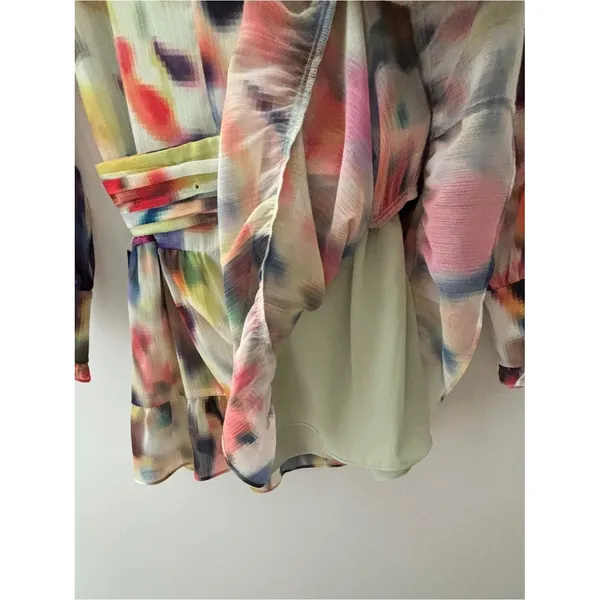 ALEXIS Leonie Mini Dress Abstract Print Long Sleeve Ruffle Tiered Belted Flowy S - Image 11