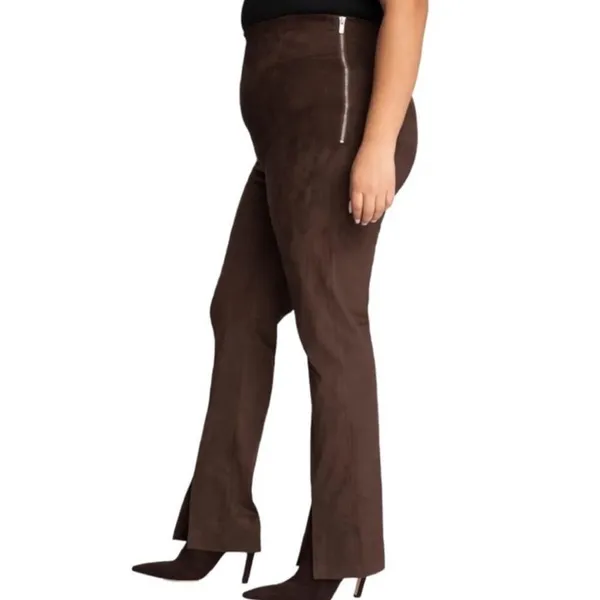 Good American Chocolate Brown Faux Suede Pant Size 8 Boss Split Hem Straight Leg - Image 8