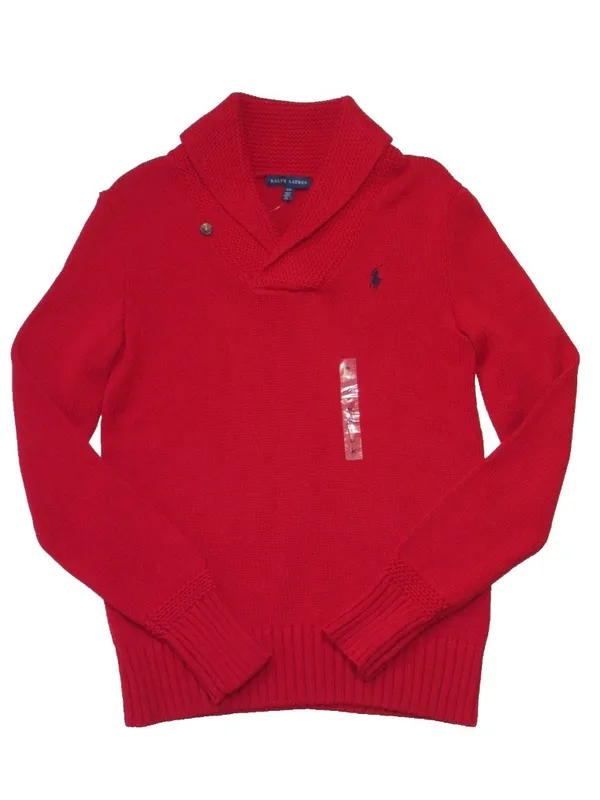 NWT Polo Ralph Lauren Cotton V-neck Shawl Collar Sweater in Fall Red Pullover M - Image 5