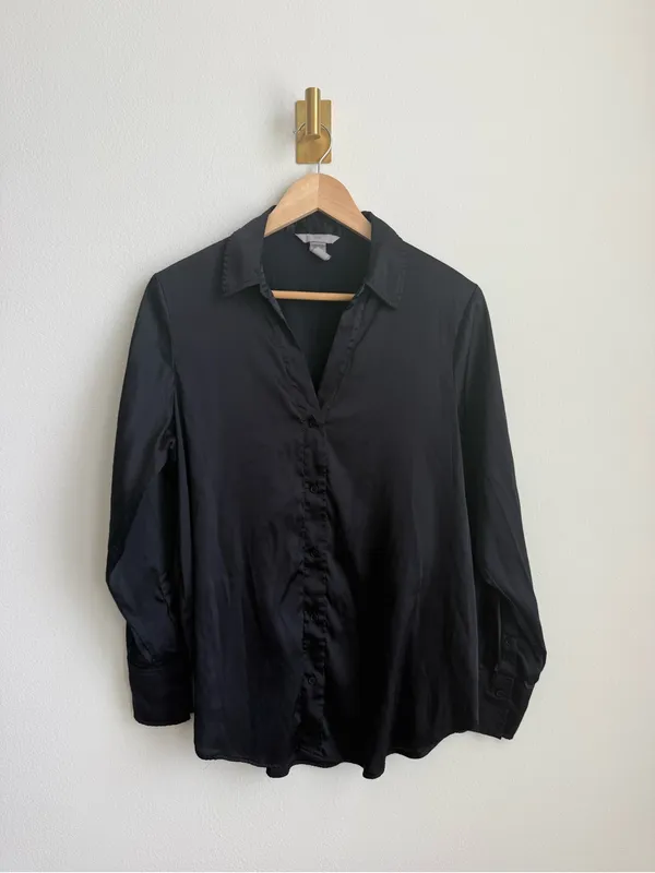 H&M Black Satin Button Down Blouse Women's Medium Long Sleeve Office Top - Image 2
