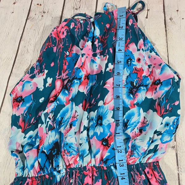 Fate Floral Maxi Dress Teal‎ Blue Pink Spaghetti Strap Elastic Waist M Halter - Image 14
