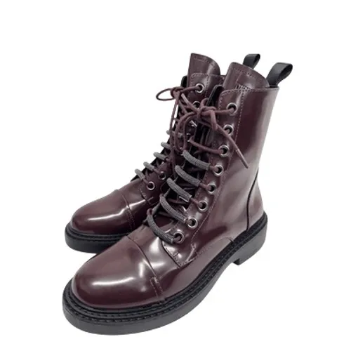 DKNY Burgundy Patent Leather Combat Boots Lace Up Zip Size 6M - Image 4