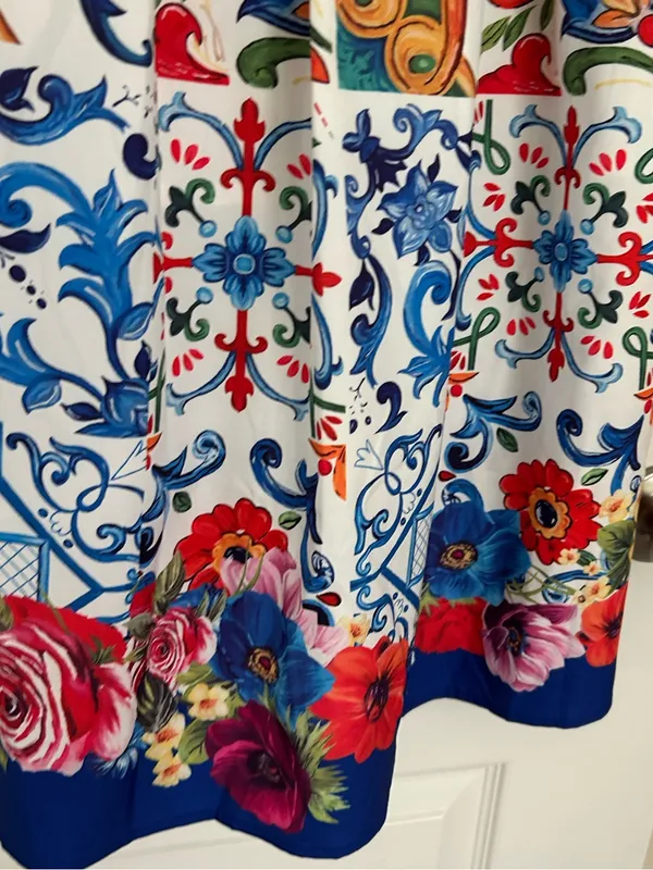 Dalia Macphee Floral Mosaic Tile Print Sleeveless Shoulder Tie Dress Pleat Skirt - Image 7