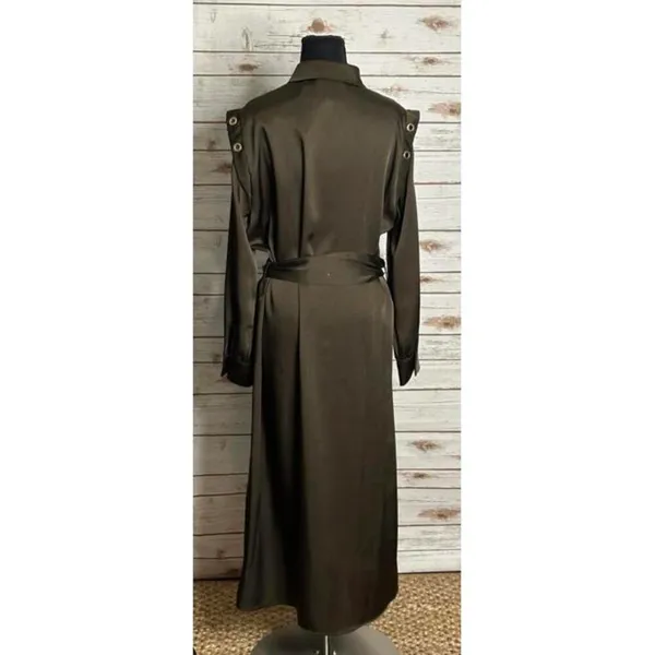 Zara olive green satin grommet detail belted Ring Trim maxi shirtdress Size M - Image 12