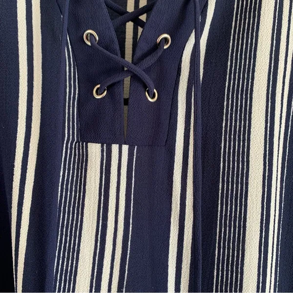 Karina & Chloe Womens XL Navy White Stripe Lace Up Peasant Boho Blouse Top - Image 5