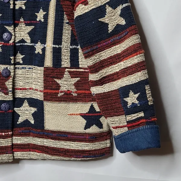 Coldwater Creek Vintage Tapestry patriotic american flag stripes stars jacket M - Image 3