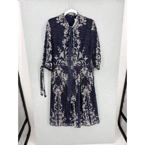 Picobell Womens Midi Dress Navy Blue Damask Pleated Tie Neck Size 42 - Image 2
