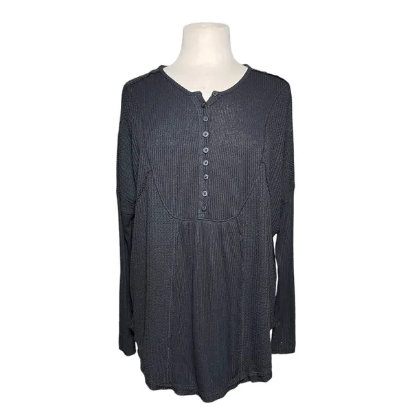 FREE PEOPLE Women’s Boho Leo Henley Black Long Sleeve Knit Top - Image 4
