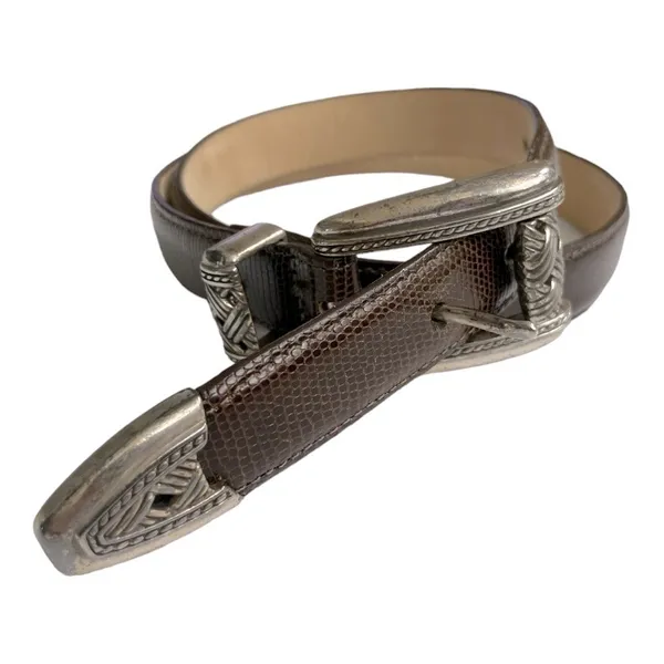 Brighton Brown Texture Leather Silver Tone Basket Weave Buckle Women's Belt Sz M - Image 2
