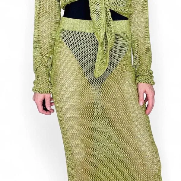 Future Collective Green Mesh Sheer Festival Beach Midi Lamé Skirt - Image 7