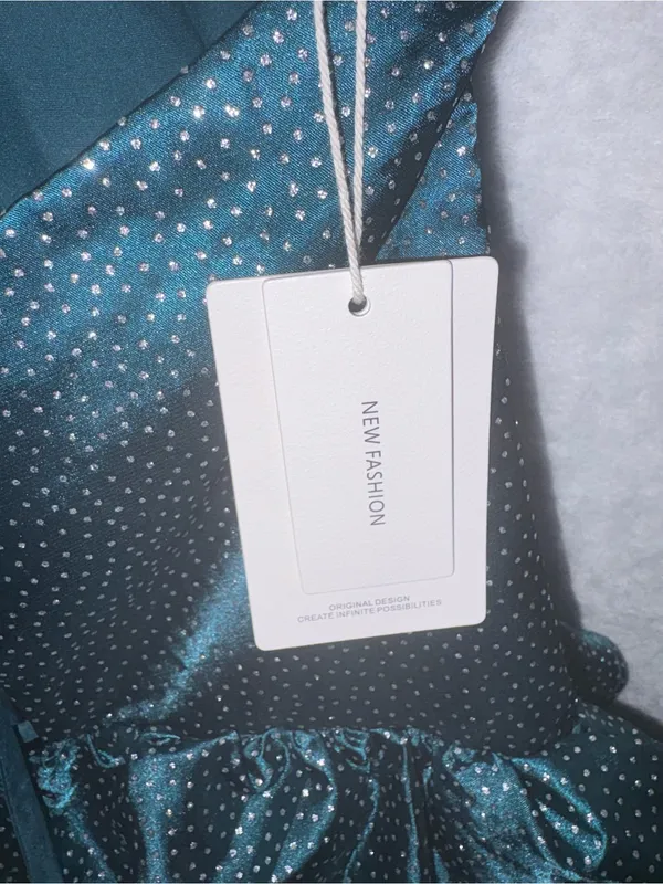 Amazon Strapless Teal Satin Polka Dot Cut Out Ruffle Dress - Image 4