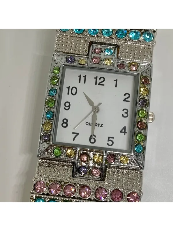 Silver tone colorful crystal women watch 32mm quartz analog elastic band running - Image 3