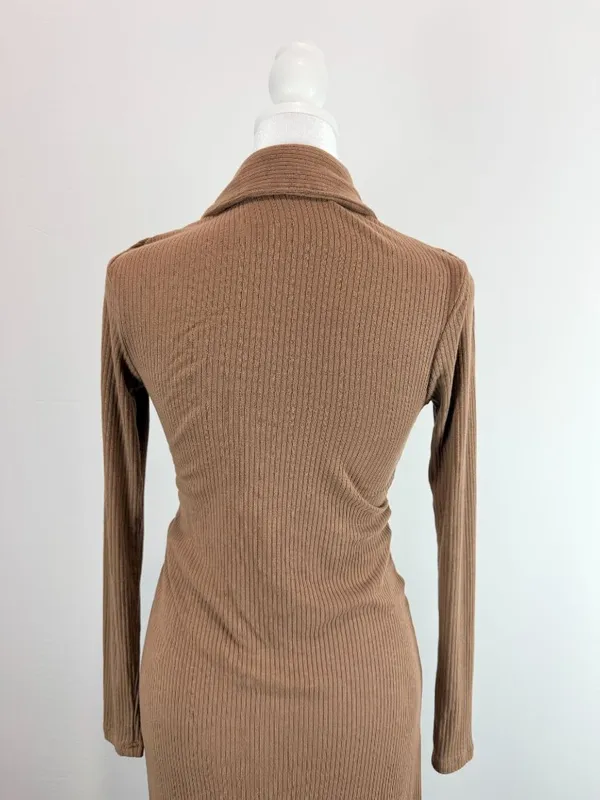 Lucca Brown Ribbed Long Sleeve Button-Down Midi Dress With Collared Neckline S - Image 6