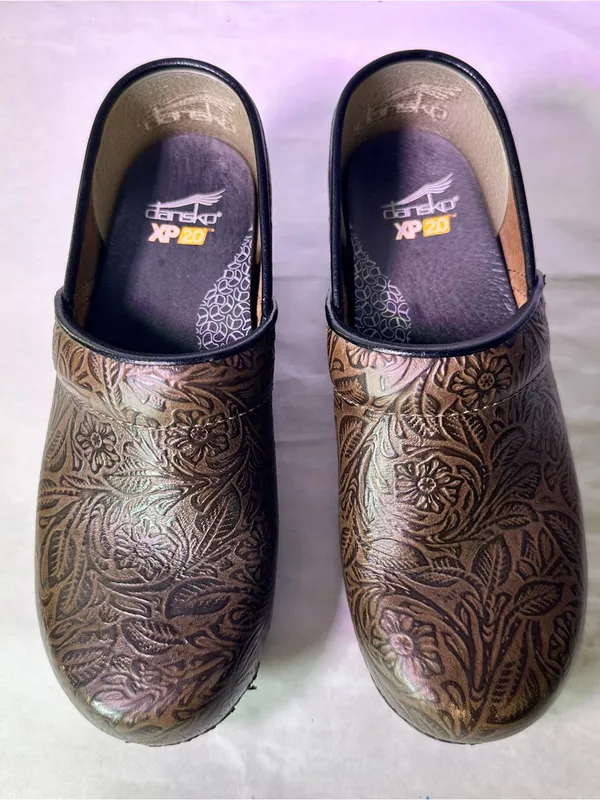 Dansko Brown Floral-Embossed Leather Clogs - Image 3