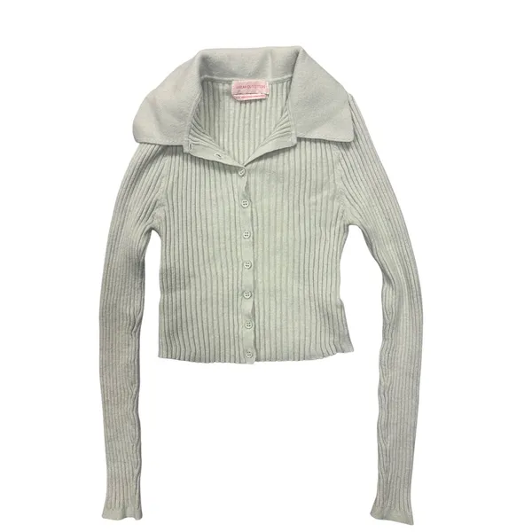 Urban Outfitters Skylar S Mint Green Ribbed‎ Collared Button Up Cropped Sweater - Image 2