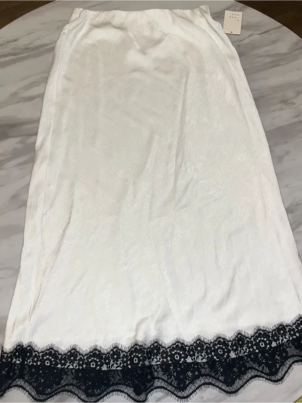 NWT A New Day Ivory Satin Slip Skirt Black Lace Hem Size Small Midi - Image 2