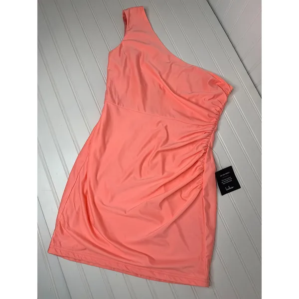 NWT Lulus Extraordinary Poise Coral Pink One-Shoulder Mini Dress Ruched S *FLAW - Image 3