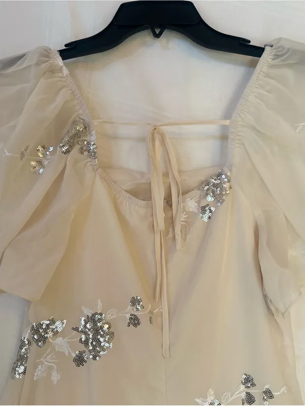 Cream Midi Dress with Silver Sequin Floral Embellishments, Ruffled Hem, Medium. - Image 9