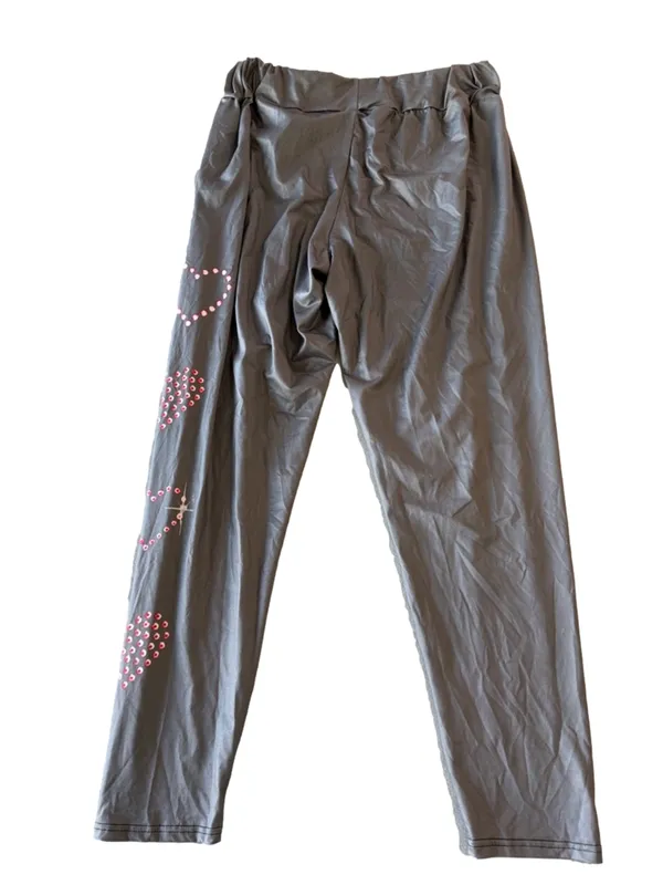 Women's Long Grey and Pink Heart Theme Pull On Elastic Wasit Straight Leg Pants - Image 4
