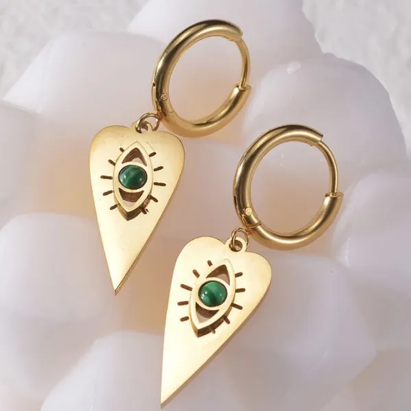 Malachite Center Stone Dangling Heart Gold Hoop Earrings - Image 4