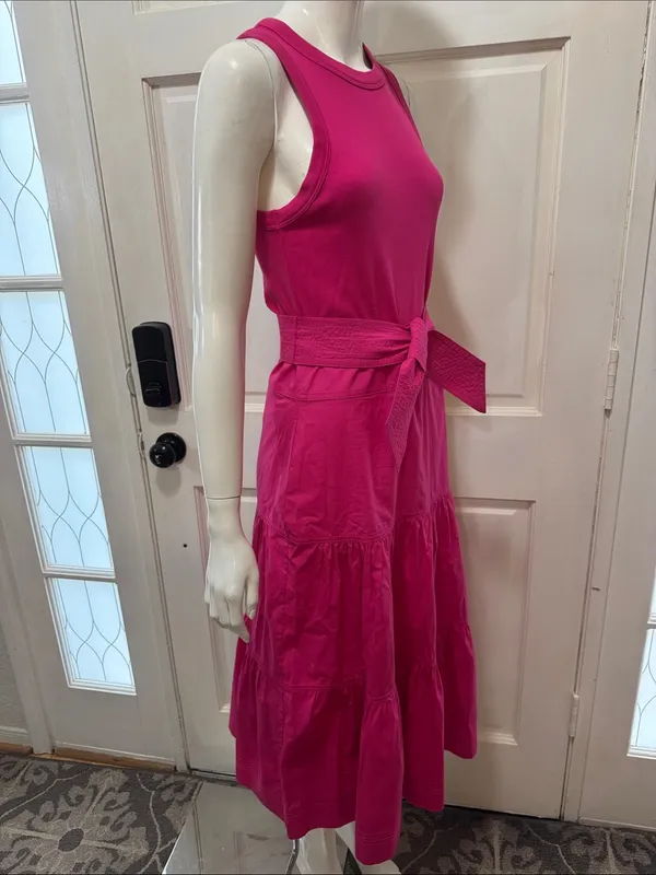 Veronica Beard AUSTYN Lg DkPink Tiered Pima Cotton Sleeveless Midi Dtess Sz S - Image 8
