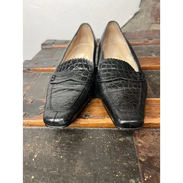 Vintage Talbots Black Croc Embossed Leather Loafers Size 7 90s Minimalist - Image 7
