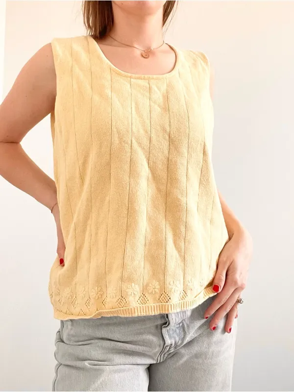 Vintage Butter Yellow Embroidered Flower Sleeveless Knit Top - Image 3