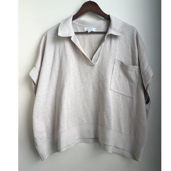 Banana Republic Cotton Linen Blend Polo Sweater Oatmeal Beige Short Sleeve M/L - Image 2