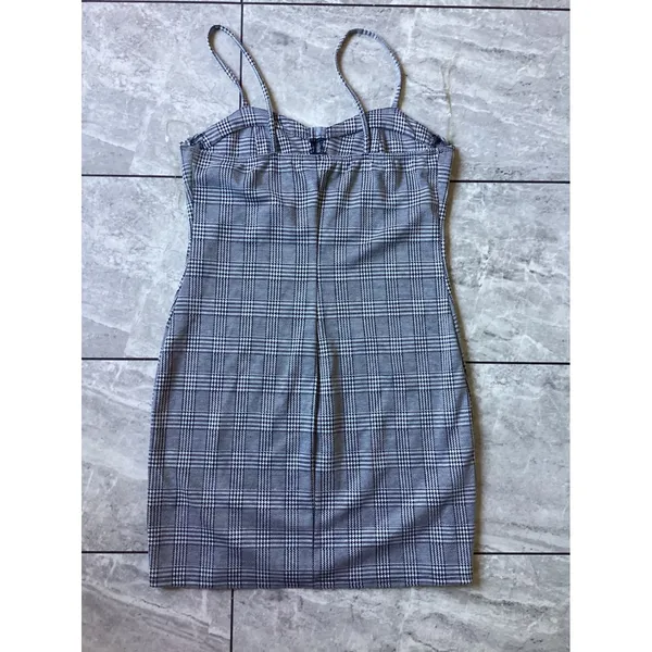 Just Polly New York Glen Plaid Bustier Mini Dress Black White Slit Sleeveless L - Image 4