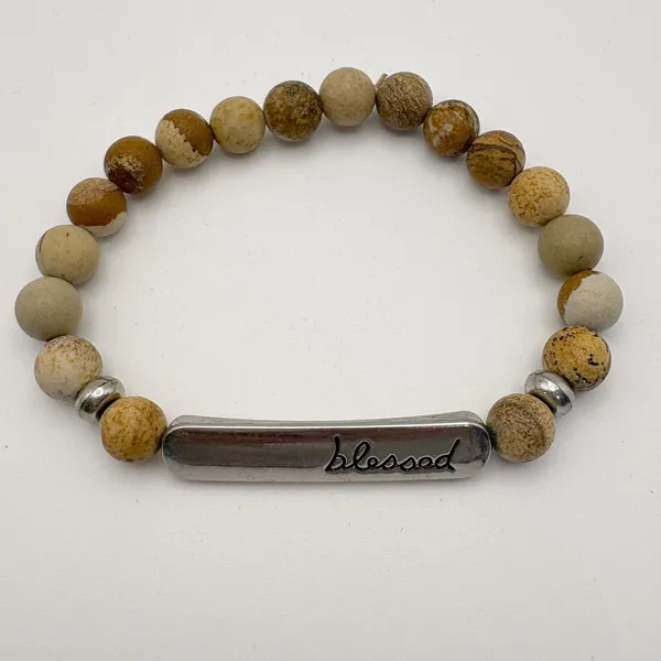 Blessed Bar Beaded Bracelet Women OS‎ Brown Jasper Stone Faith Jewelry Religious - Image 4