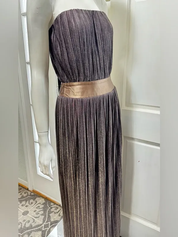Dress the Population TUBE Metallic Brown Pleated Maxi Dress Wide Belt Sz M C-27 - Image 6