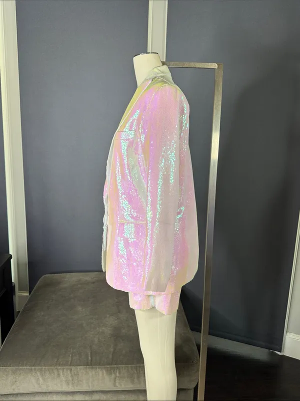 Women’s Iridescent White Sequin Shorts Suit Set Party Festival Size L NWT - Image 4