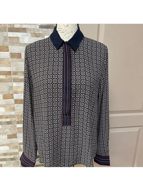 LOFT half button Hanley top tunic blouse shirt Geometric print burgundy Sz M - Image 12