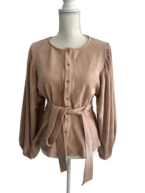 VICI Beige Button Down Faux Suede Belted Long Sleeve Top Sz Large - Image 5