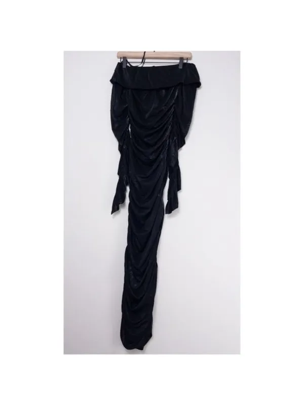 Bronx and Banco Amara Off The Shoulder Linen Midi Dress L Black Ruched Sparkle - Image 9