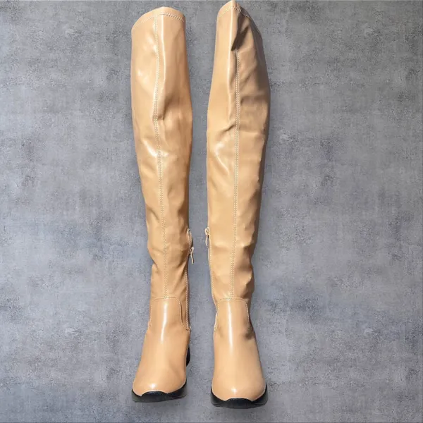 NEW Allegra K Over The Knee Boots Womens 8 Tan Wedge Chunky Heel Thigh‎ High - Image 5