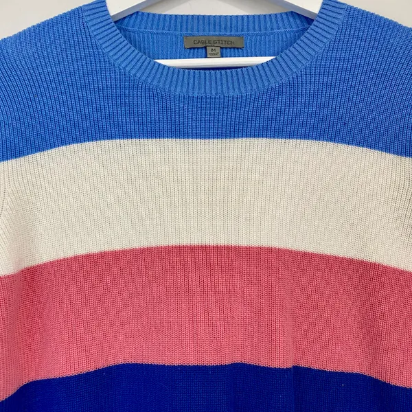 Cable Stitch Women’s Long Sleeve Knit Stripe Sweater Blue & Pink Size Medium - Image 2