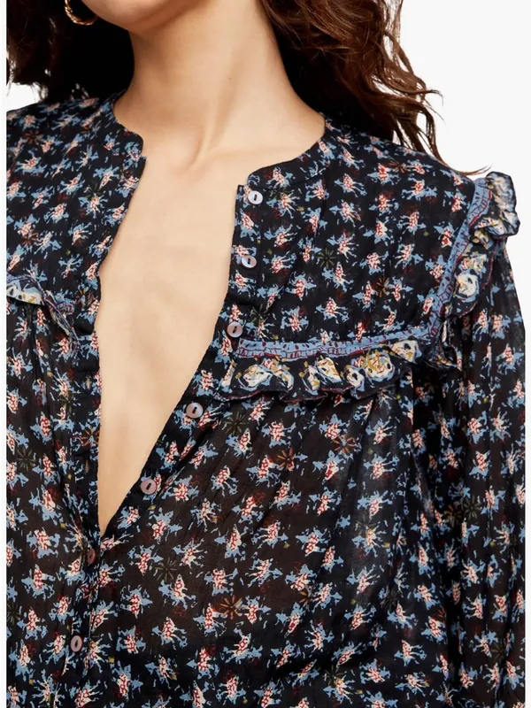 Free People Jenna Top Printed Long Sleeve Blouse Size Small Black Blue White - Image 5