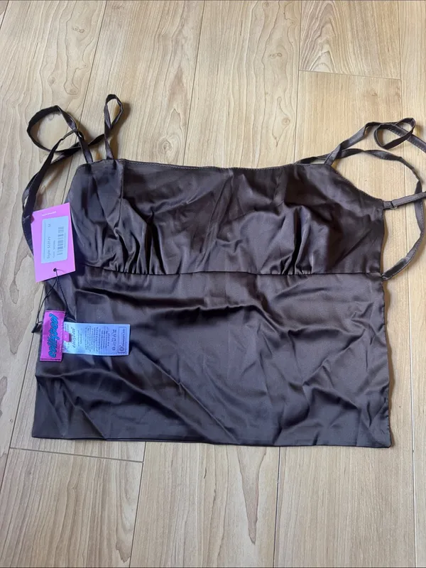 Edikted Chocolate Brown Satin Strappy Crop Top - Image 3