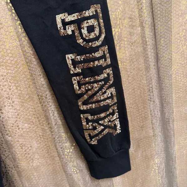 PINK Victorias Secret Sequin Bling Silver Black Gold Jogger Pants Medium - Image 7