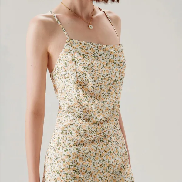 Rihoas Yellow Floral Ruched Slip Midi Dress - Image 7